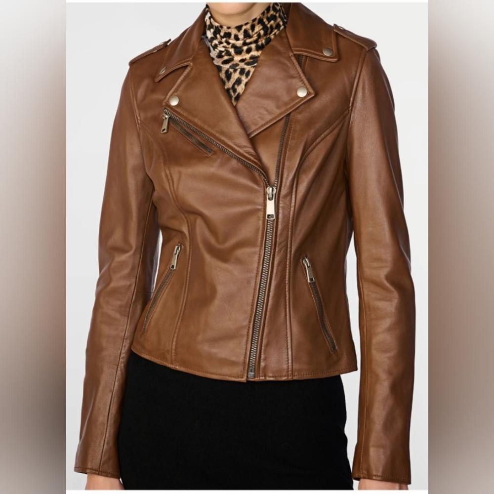 WILSONS LEATHER Madeline Asymmetrical Leather Jacket Cognac/Brown NWT